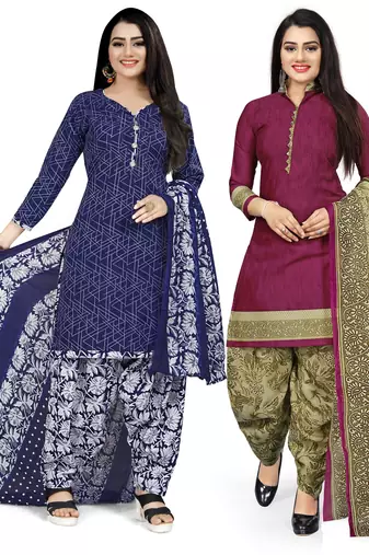 Multicolor cotton blend printed unstitched salwar suit material combo of 2