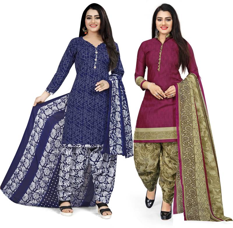 Multicolor cotton blend printed unstitched salwar suit material combo of 2