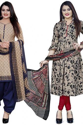 Multicolor cotton blend printed unstitched salwar suit material combo of 2