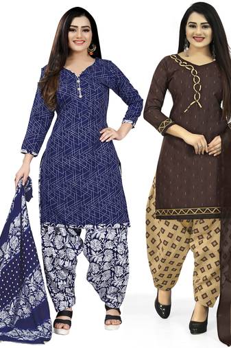 Multicolor cotton blend printed unstitched salwar suit material combo of 2