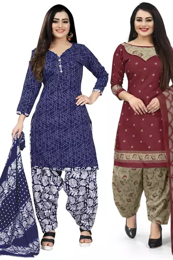 Multicolor cotton blend printed unstitched salwar suit material combo of 2