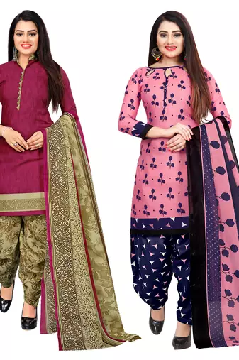 Multicolor cotton blend printed unstitched salwar suit material combo of 2
