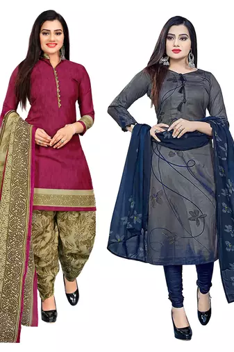 Multicolor cotton blend printed unstitched salwar suit material combo of 2
