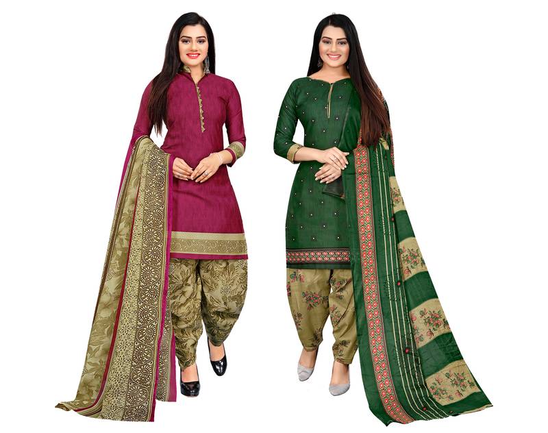 Multicolor cotton blend printed unstitched salwar suit material combo of 2