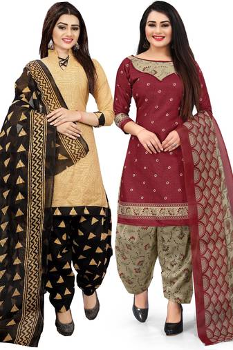Multicolor cotton blend printed unstitched salwar suit material combo of 2