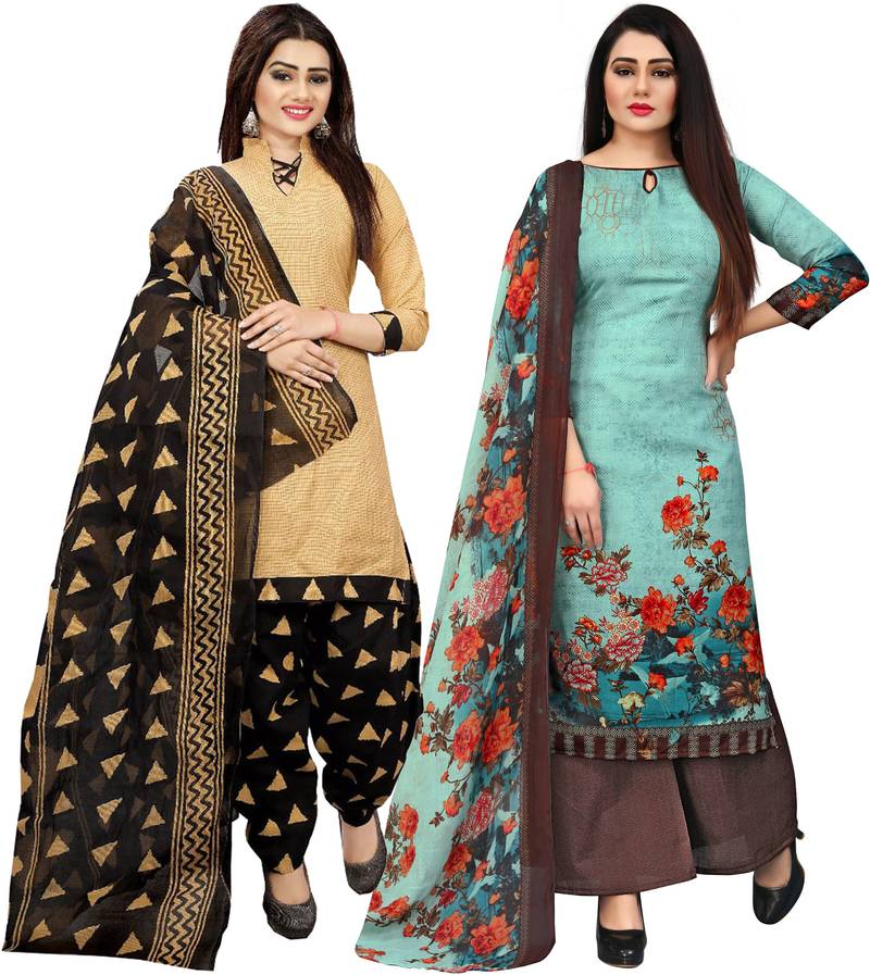 Multicolor cotton blend printed unstitched salwar suit material combo of 2