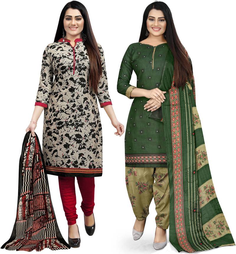 Multicolor cotton blend printed unstitched salwar suit material combo of 2