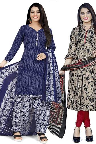 Multicolor cotton blend printed unstitched salwar suit material combo of 2