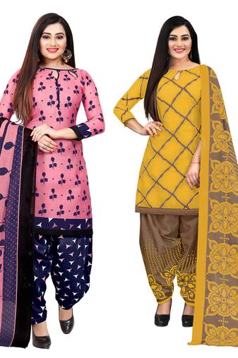 Multicolor cotton blend printed unstitched salwar suit material combo of 2