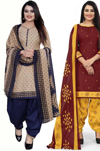 Multicolor cotton blend printed unstitched salwar suit material combo of 2