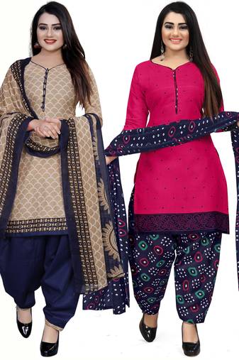 Multicolor cotton blend printed unstitched salwar suit material combo of 2