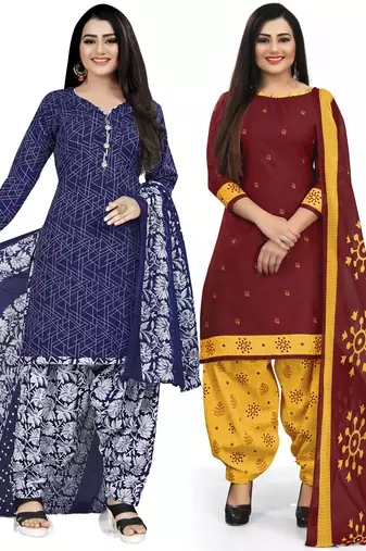 Multicolor cotton blend printed unstitched salwar suit material combo of 2