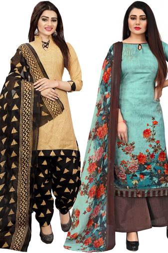 Multicolor cotton blend printed unstitched salwar suit material combo of 2