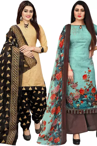 Multicolor cotton blend printed unstitched salwar suit material combo of 2