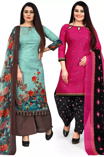 Multicolor cotton blend printed unstitched salwar suit material combo of 2