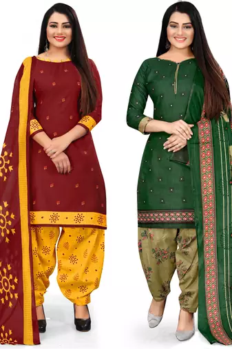 Multicolor cotton blend printed unstitched salwar suit material combo of 2