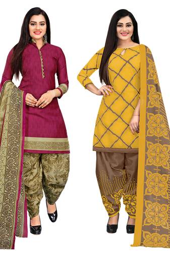 Multicolor cotton blend printed unstitched salwar suit material combo of 2