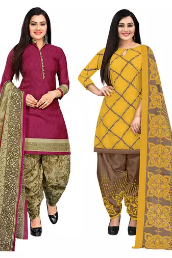 Multicolor cotton blend printed unstitched salwar suit material combo of 2