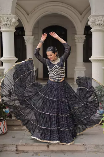 Black Bandhani-Stripe Georgette Navratri Lehenga Choli with Gota Patti Lace 