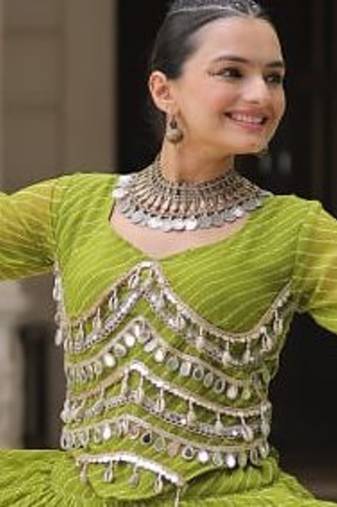 green Georgette Leheriya Print Gota Patti NAVRATRI LEHENGA CHOLI