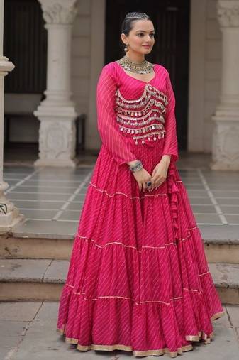 pink Georgette Leheriya Print Gota Patti NAVRATRI LEHENGA CHOLI