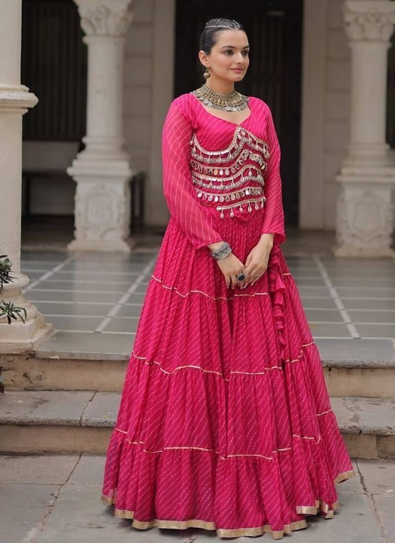 pink Georgette Leheriya Print Gota Patti NAVRATRI LEHENGA CHOLI