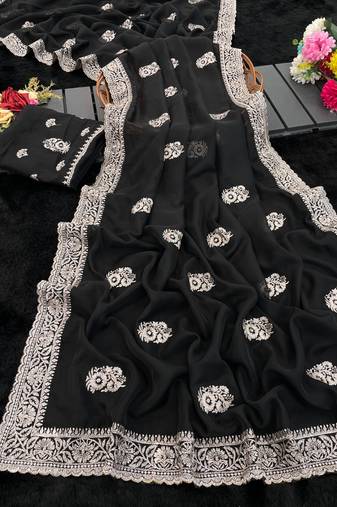 black embroidered organza silk saree with blouse
