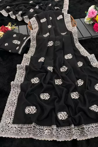 black embroidered organza silk saree with blouse