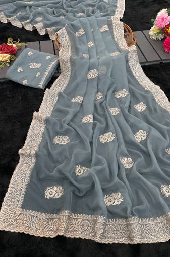 grey embroidered organza silk saree with blouse