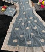 grey embroidered organza silk saree with blouse