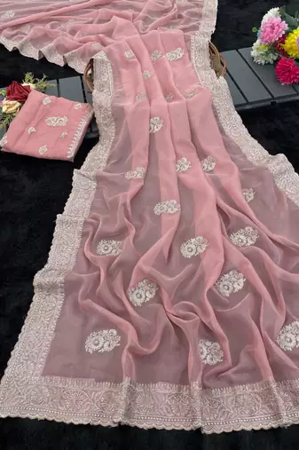 pink embroidered organza silk saree with blouse