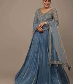 turquoise sequined embroidery work silk party wear lehenga choli with dupatta