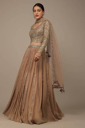 brown sequined embroidery work silk party wear lehenga choli with dupatta