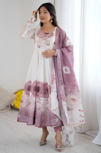 soft organza silk fabric fully flair kali pattern Kurti With Pant and dupatta