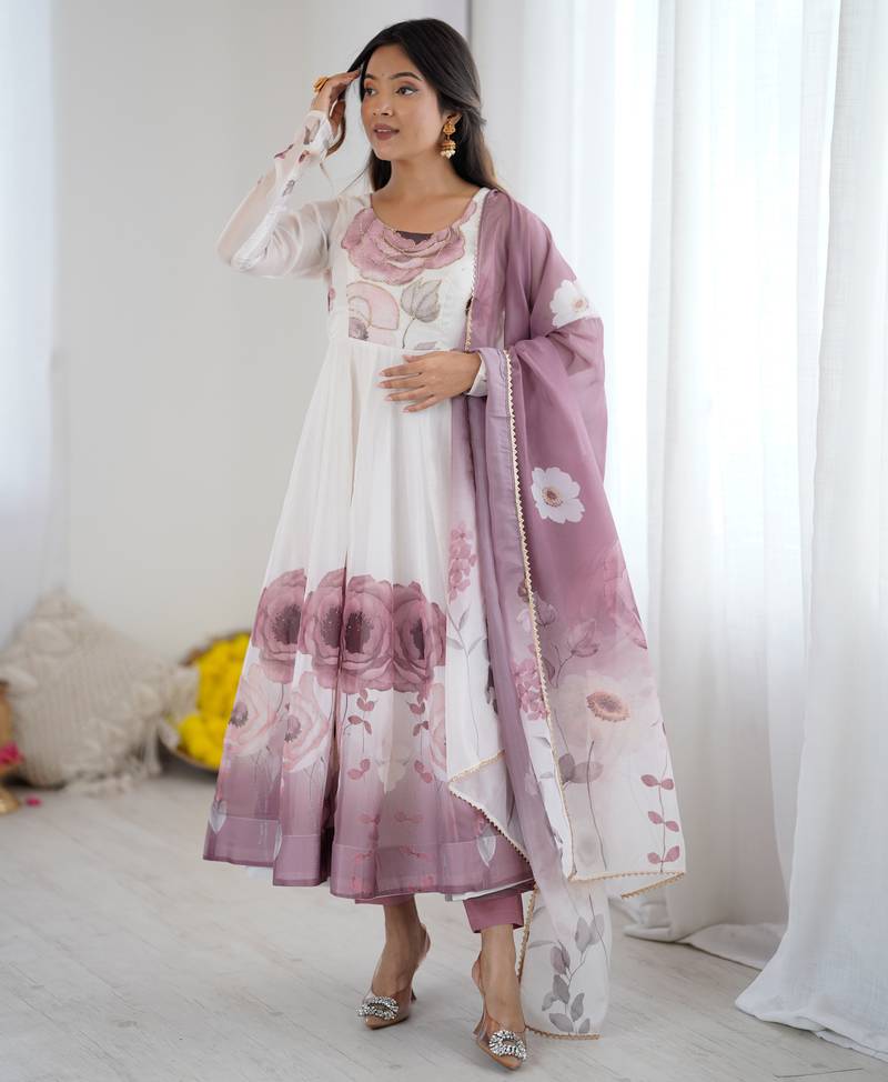 soft organza silk fabric fully flair kali pattern Kurti With Pant and dupatta