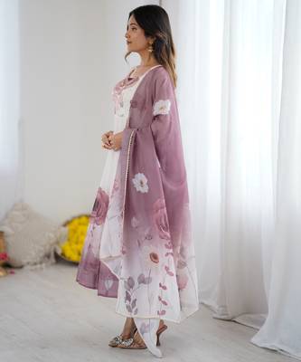 soft organza silk fabric fully flair kali pattern Kurti With Pant and dupatta 4