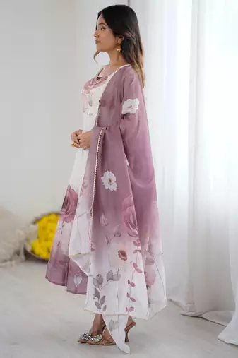 soft organza silk fabric fully flair kali pattern Kurti With Pant and dupatta