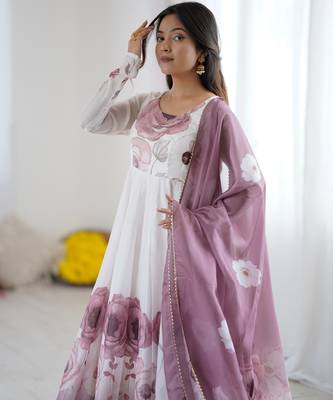 soft organza silk fabric fully flair kali pattern Kurti With Pant and dupatta 6