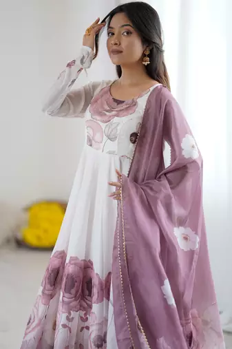 soft organza silk fabric fully flair kali pattern Kurti With Pant and dupatta