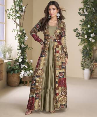 beige georgette printed embroidered sequins stones mirro work jacket with gown festive wear 1