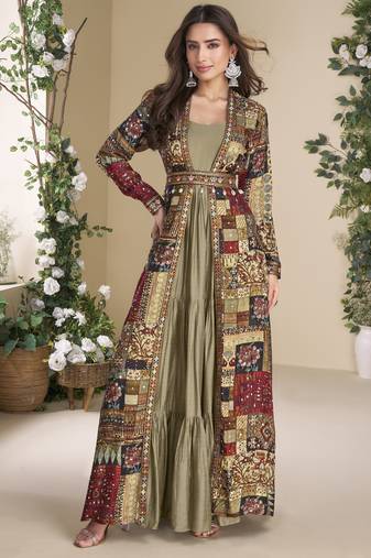 BEIGE Georgette Printed Embroidered Sequins Stones Mirro Work Jacket With Gown Festive Wear