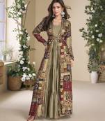 BEIGE Georgette Printed Embroidered Sequins Stones Mirro Work Jacket With Gown Festive Wear