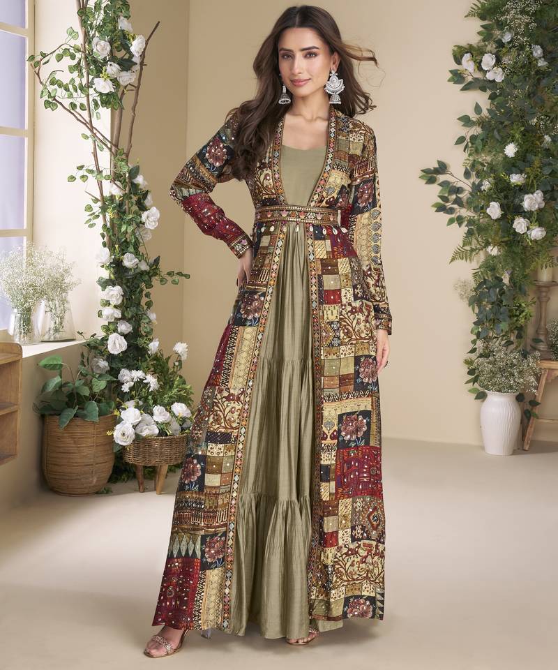 BEIGE Georgette Printed Embroidered Sequins Stones Mirro Work Jacket With Gown Festive Wear