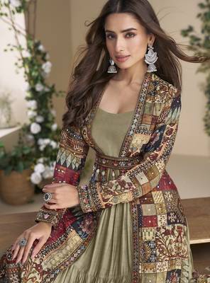 beige georgette printed embroidered sequins stones mirro work jacket with gown festive wear 2
