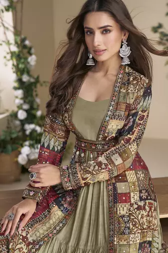 beige georgette printed embroidered sequins stones mirro work jacket with gown festive wear