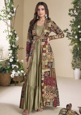 beige georgette printed embroidered sequins stones mirro work jacket with gown festive wear 3