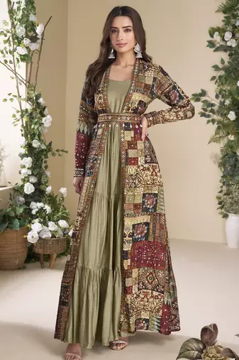 beige georgette printed embroidered sequins stones mirro work jacket with gown festive wear