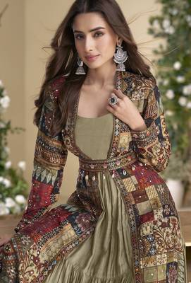 beige georgette printed embroidered sequins stones mirro work jacket with gown festive wear 4