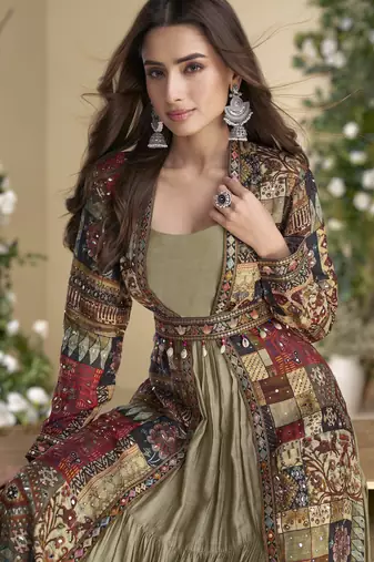 beige georgette printed embroidered sequins stones mirro work jacket with gown festive wear