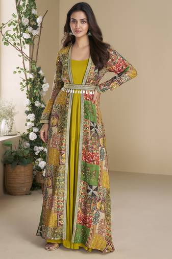 FESTIVE Yellow Georgette Anarkali Gown with Multicolor Long Shrug